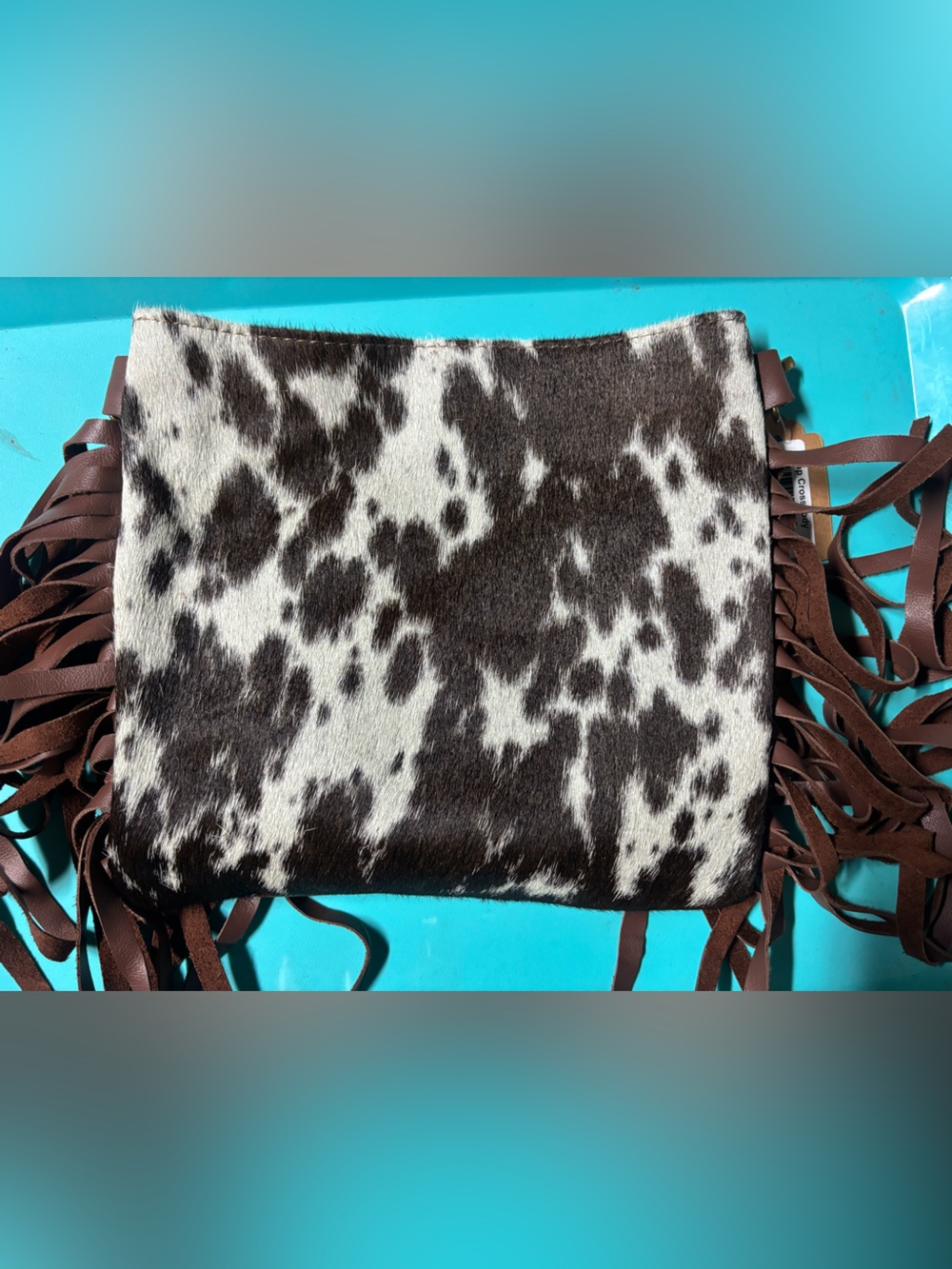 Cowhide Fringe Crossbody Bag in Brown & White